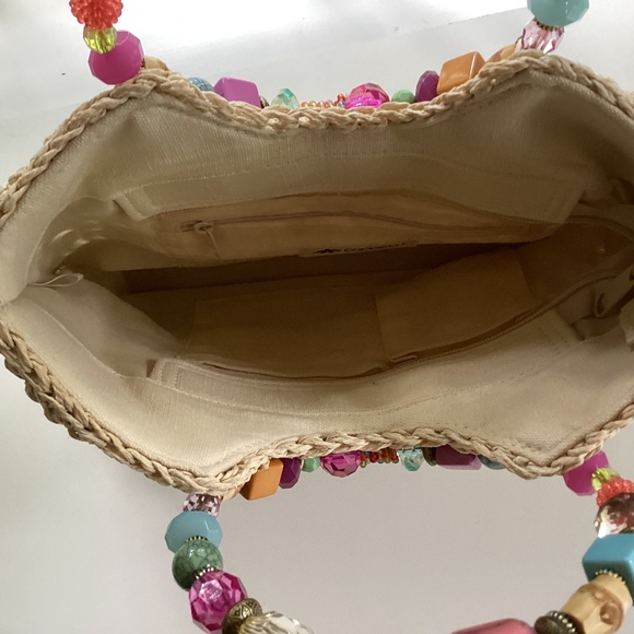 Cappelli Straworld Purse Handbag Round Beaded Jewel Handles Beige/Gold Lined - Picture 10 of 14